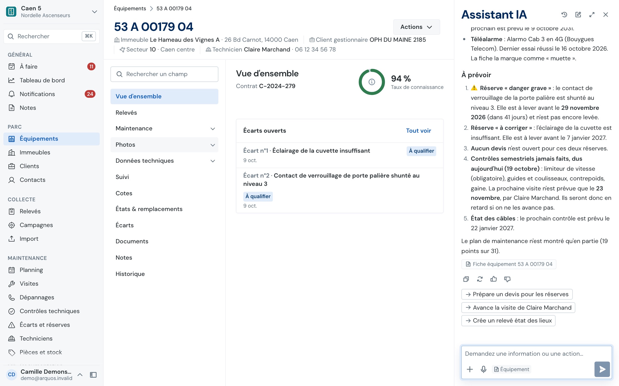 Arquos · l’assistant IA sur une fiche équipement